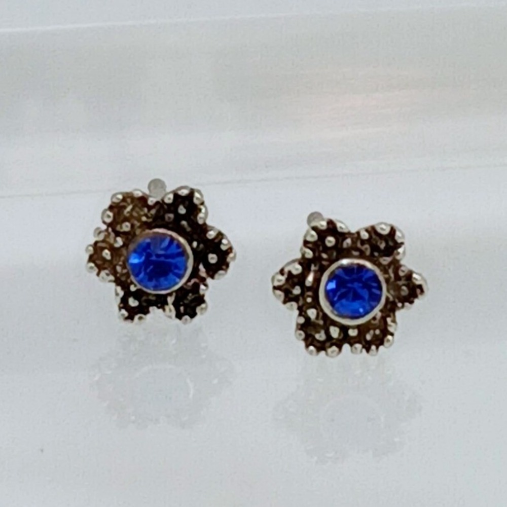 Vintage 925 Sterling Silver Blue Crystal Flower Stud Earrings Floral Jewelry - Picture 16 of 16